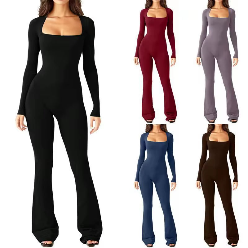 Women'S Yoga Suit Long Sleeve Belly Tie Waist Hip Lift Square Neck Wide Leg High Elastic Jumpsuit