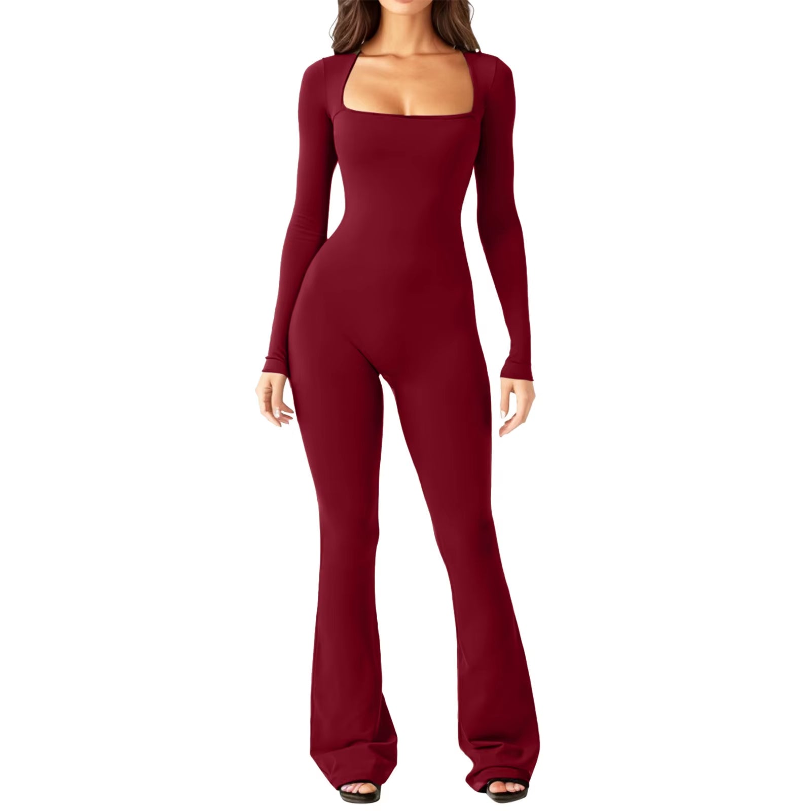 Women'S Yoga Suit Long Sleeve Belly Tie Waist Hip Lift Square Neck Wide Leg High Elastic Jumpsuit