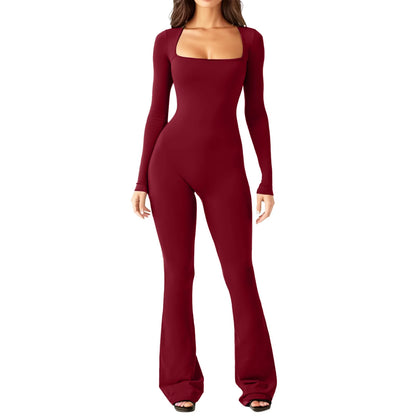 Women'S Yoga Suit Long Sleeve Belly Tie Waist Hip Lift Square Neck Wide Leg High Elastic Jumpsuit