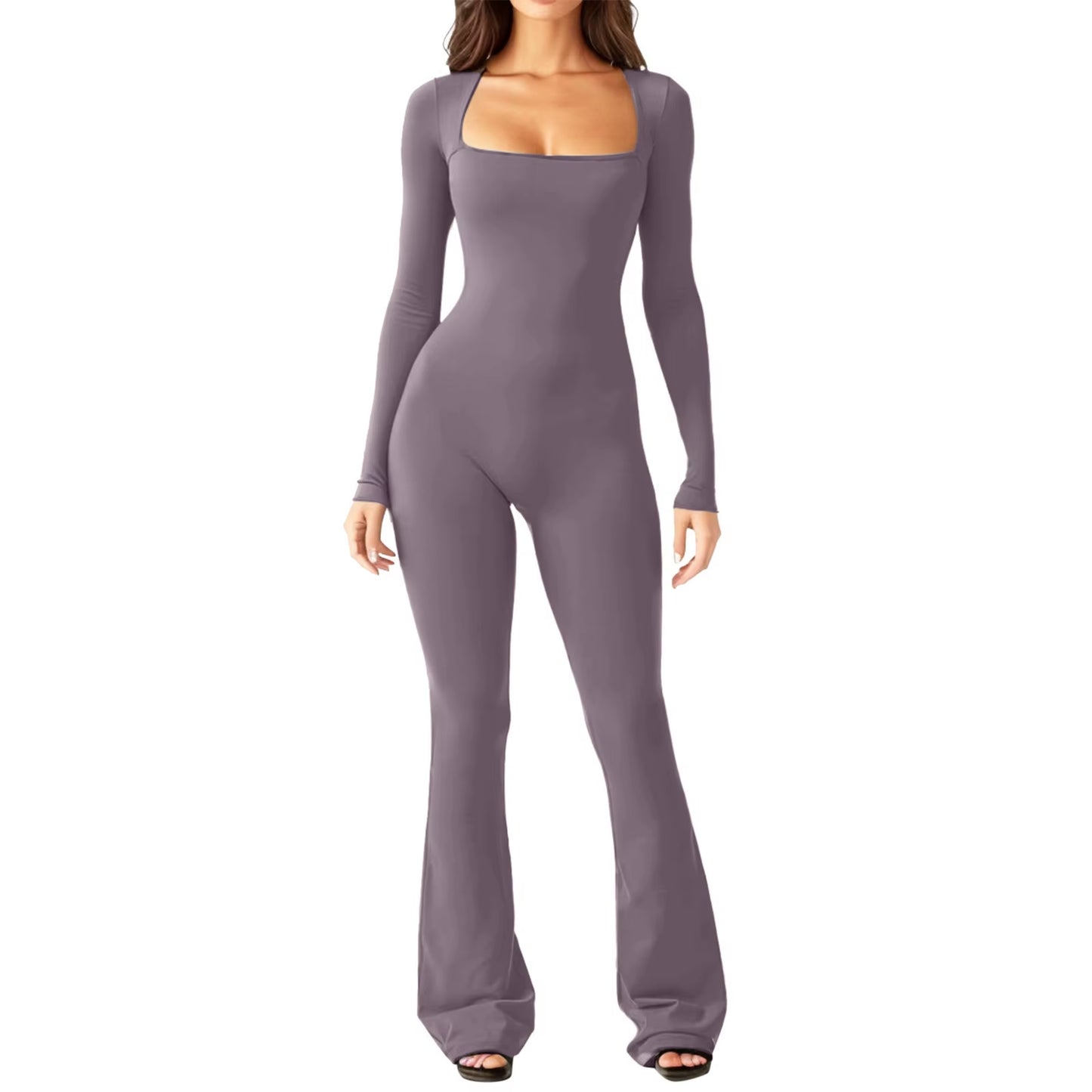 Women'S Yoga Suit Long Sleeve Belly Tie Waist Hip Lift Square Neck Wide Leg High Elastic Jumpsuit