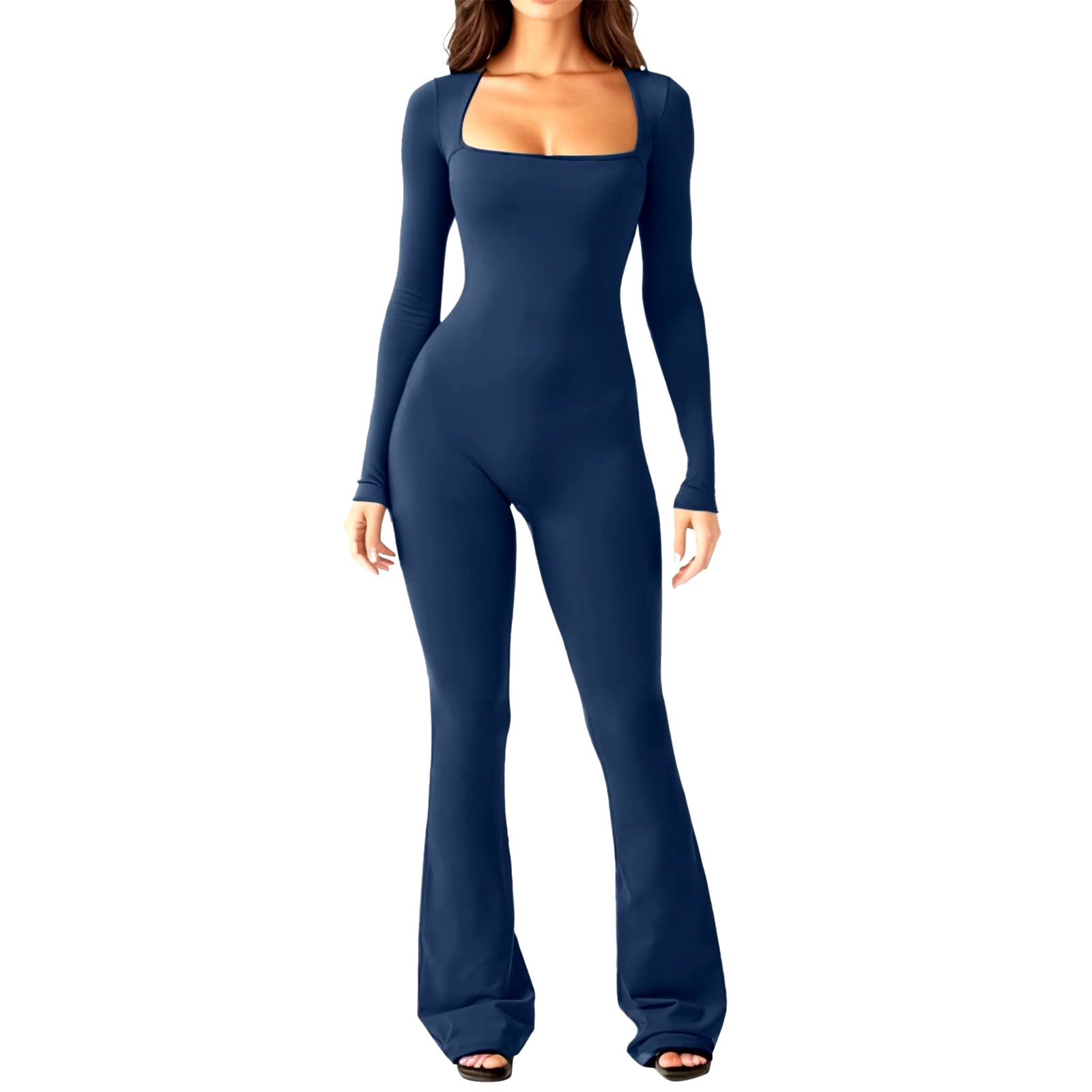 Women'S Yoga Suit Long Sleeve Belly Tie Waist Hip Lift Square Neck Wide Leg High Elastic Jumpsuit